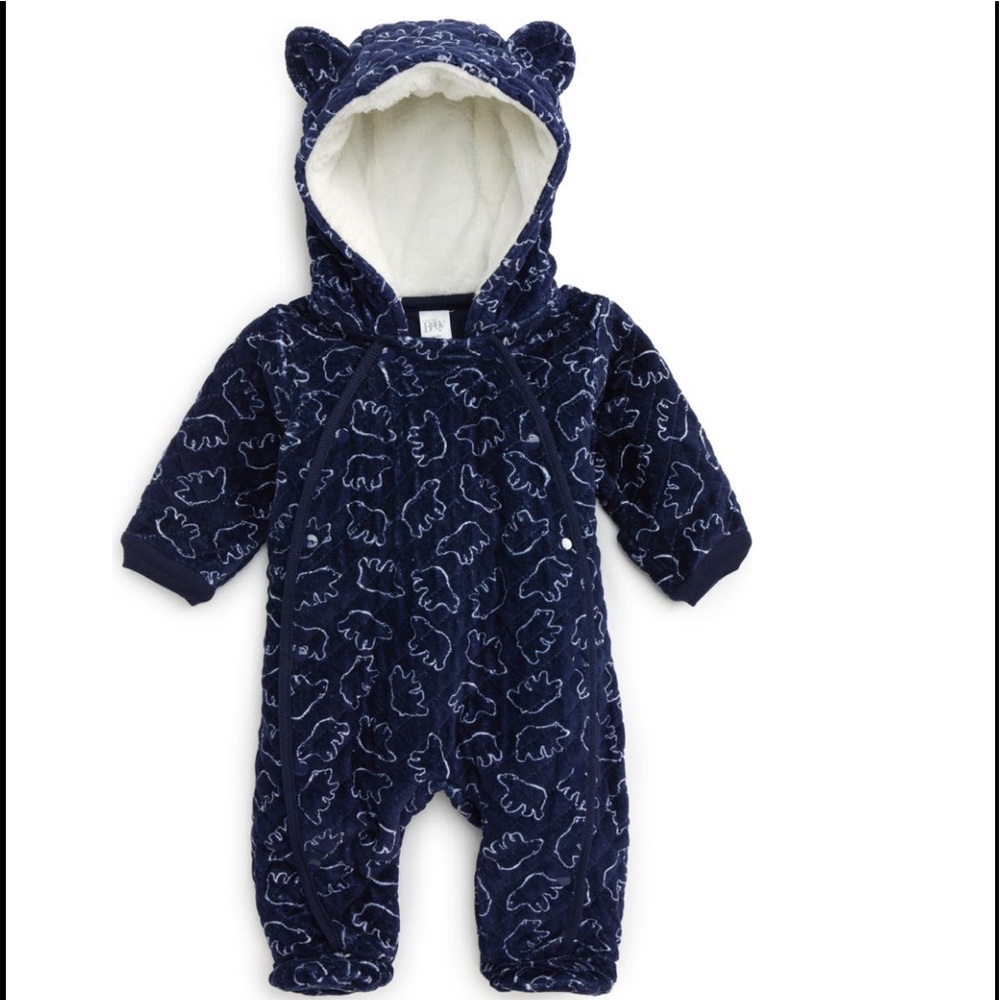 Baby Nordstrom hooded blue navy polar bear bunting 12 months